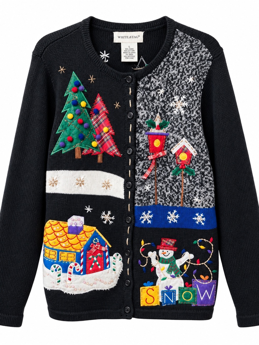 Vintage Women's L Black Christmas Cardigan Ugly Holiday Sweater Snowman Trees 90